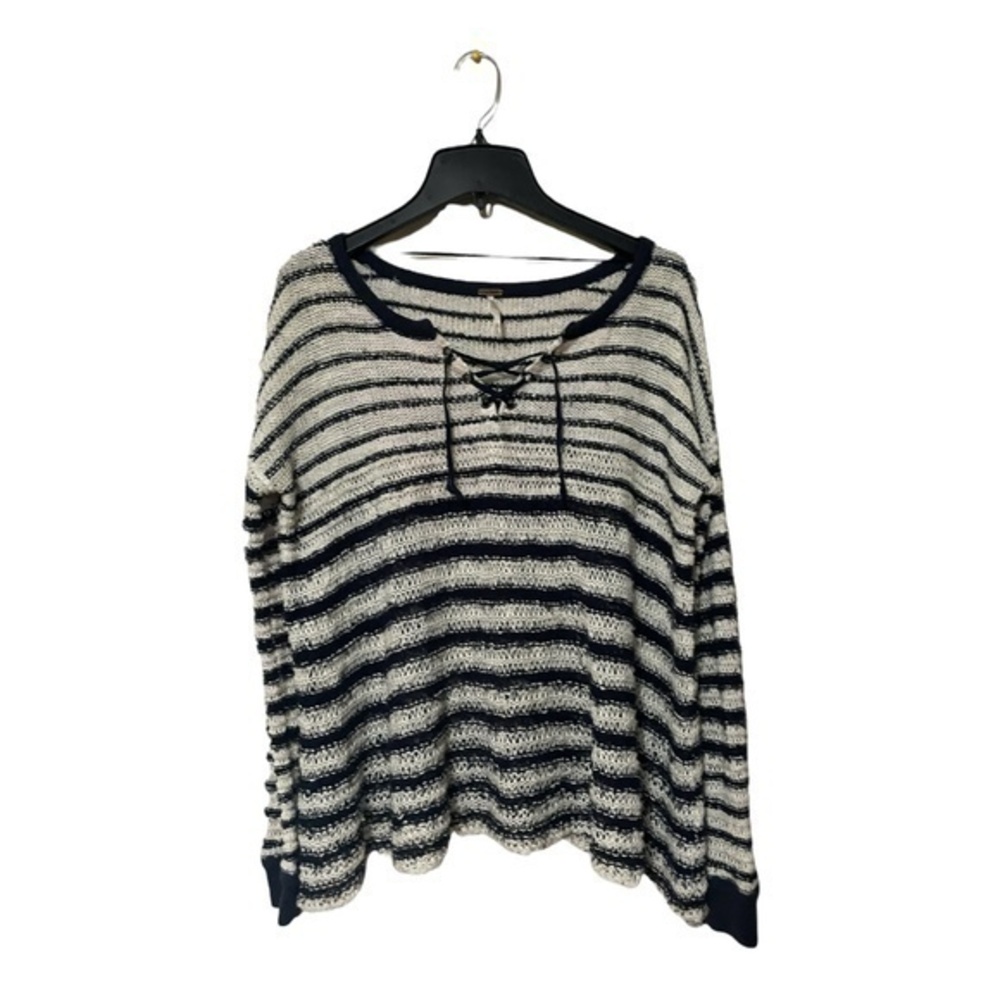 Free People Womens Oversized Sweater Loose Knit Lightweight Black White Striped